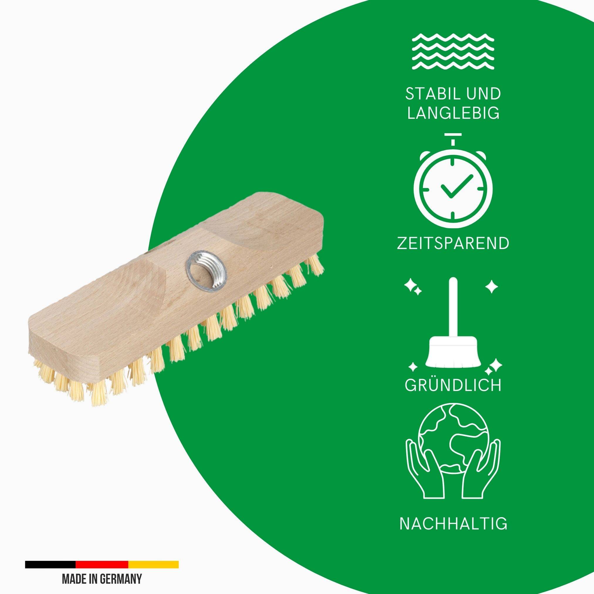 Novaliv 4x Scheuerbürste aus Holz mit PPN Borsten mit praktischen Schraub- Steckstielen vierteilig Wischer mit Gewinde robuste Scheuerbürsten Boden