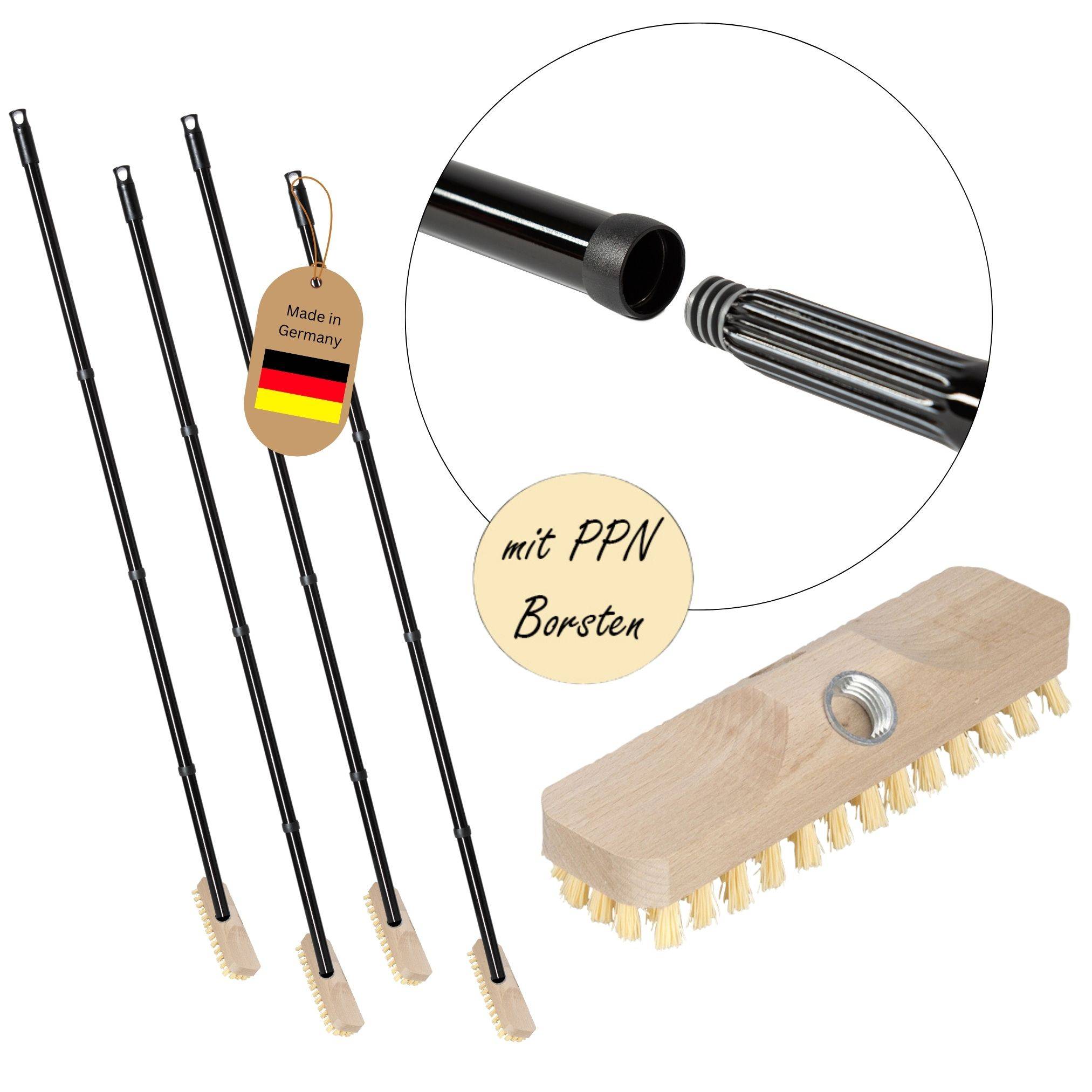 Novaliv 4x Scheuerbürste aus Holz mit PPN Borsten mit praktischen Schraub- Steckstielen vierteilig Wischer mit Gewinde robuste Scheuerbürsten Boden
