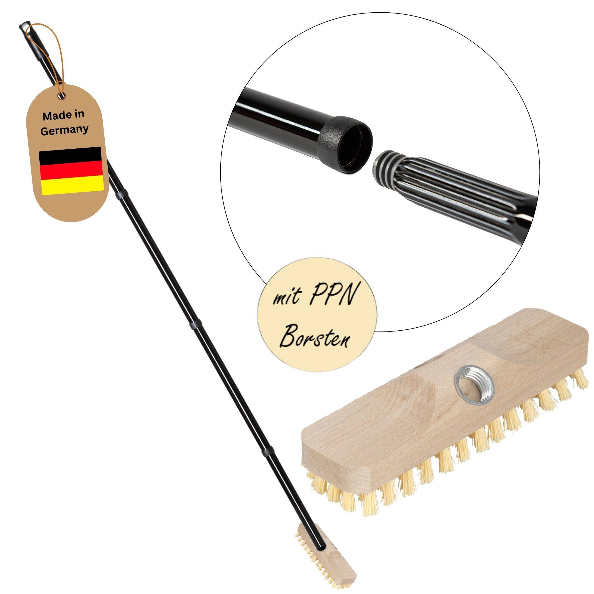 Schrubber aus Holz mit Borsten Wischer mit Gewinde und Schraub- Steckstiel vierteilig Scheuerbürste PPN Boden Bürste Ideal für Reinigung von Balkon
