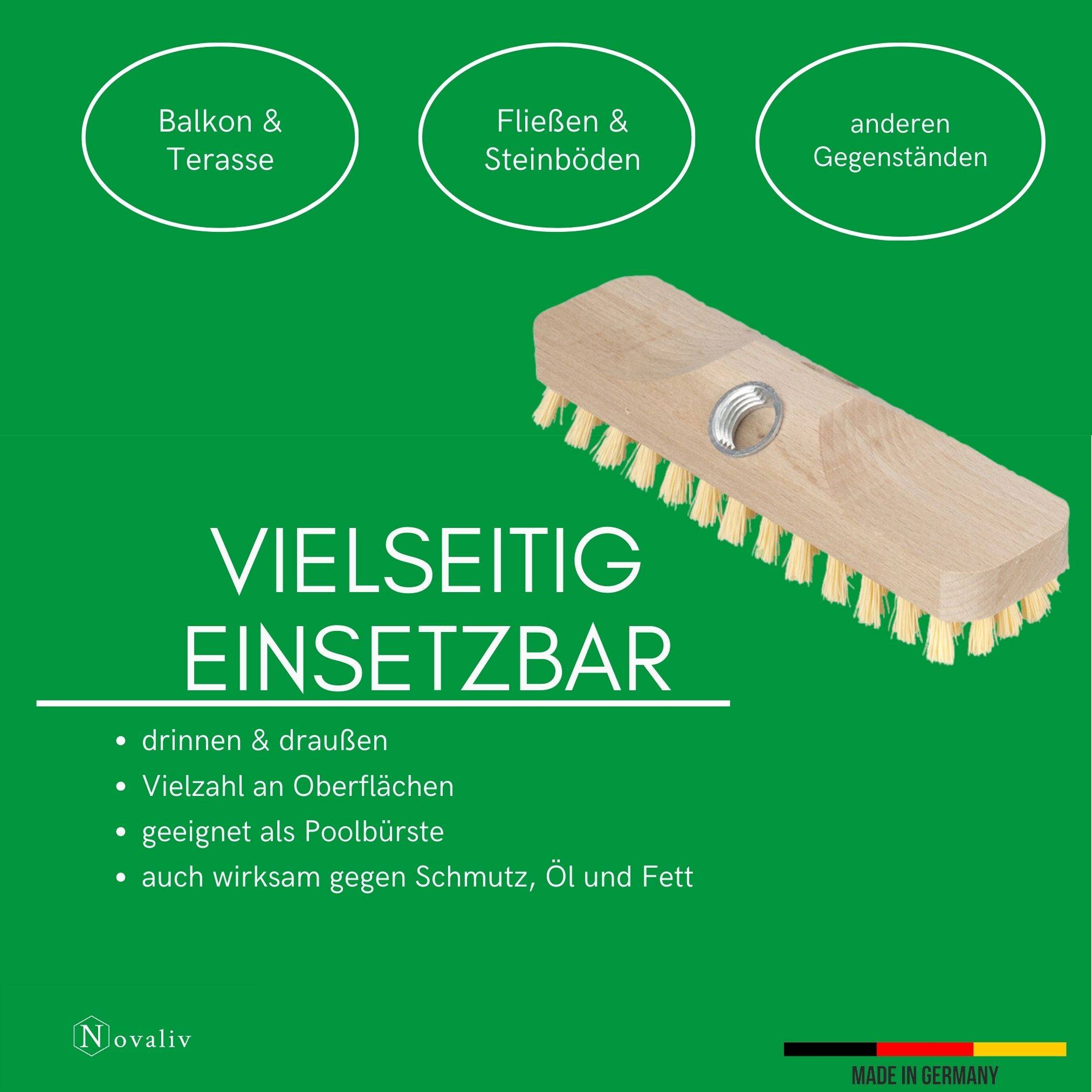 Novaliv 2x Wischer aus Holz mit Kunststoff Borsten mit Gewinde und Schraub- Steckstiel vierteilig PPN Boden Bürste Ideal für Reinigung von Balkon Te