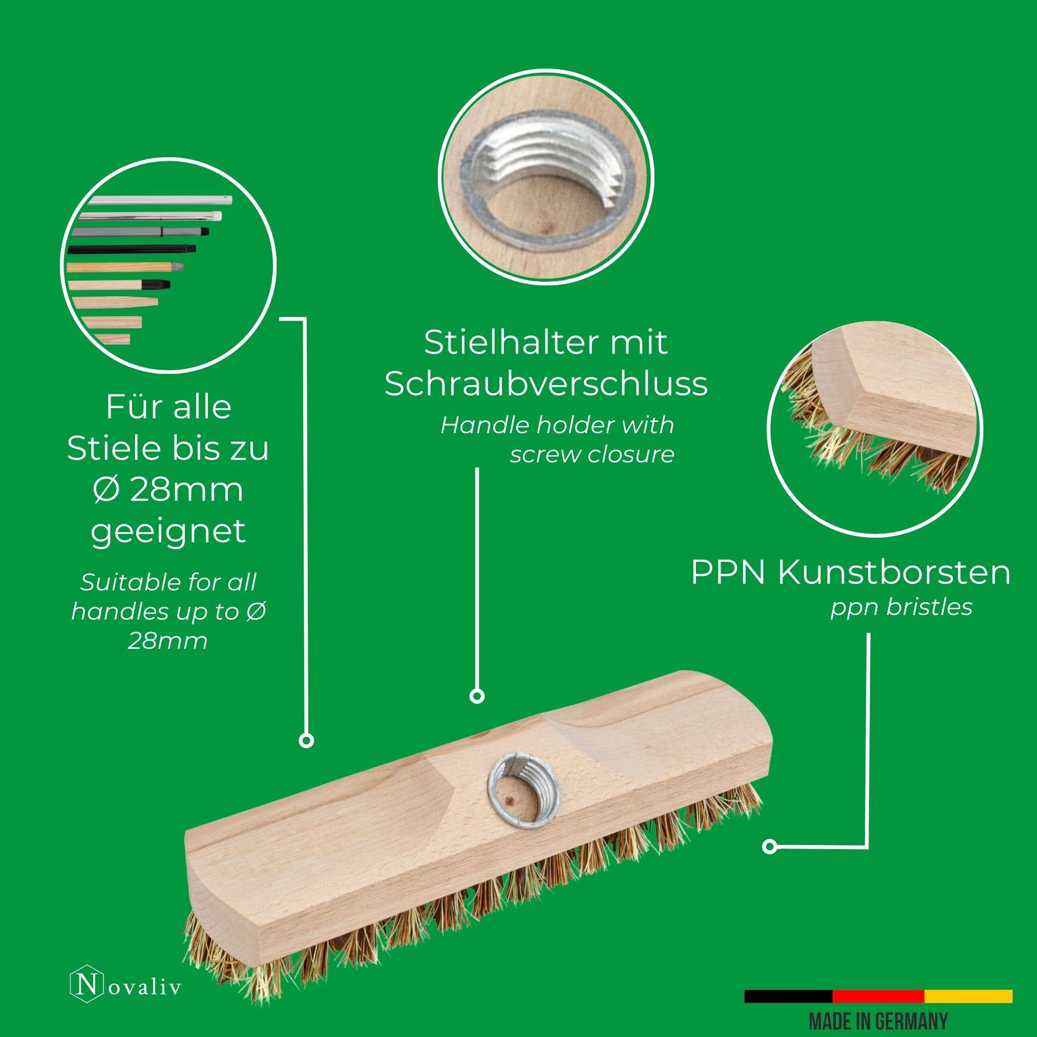 Novaliv 2x Wischer aus stabilem Holz mit Kunststoff Borsten mit Gewinde und Schraub- Steckstiel vierteilig Union Boden Bürste Ideal Reinigung von