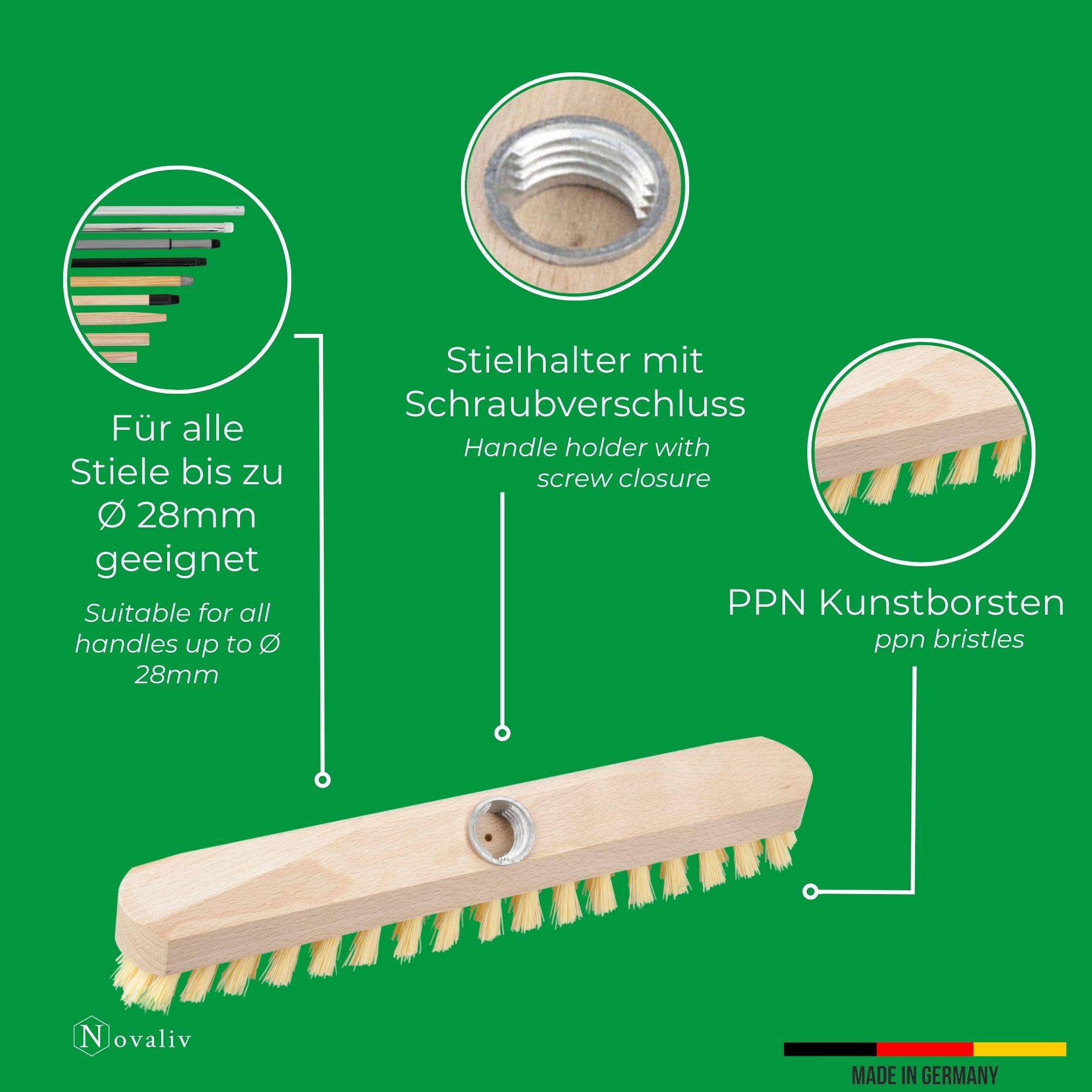 Schrubber aus Holz mit Borsten Wischer mit Gewinde und Schraub- Steckstiel vierteilig Scheuerbürste PPN Boden Bürste Ideal für Reinigung von Balkon