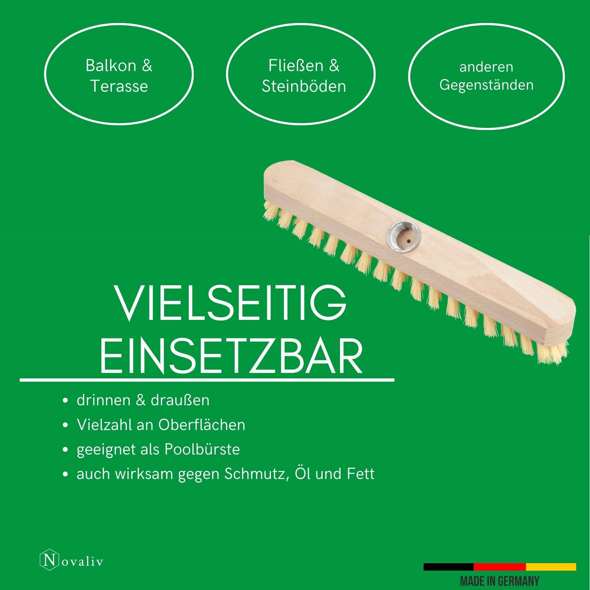 Schrubber aus Holz mit Borsten Wischer mit Gewinde und Schraub- Steckstiel vierteilig Scheuerbürste PPN Boden Bürste Ideal für Reinigung von Balkon