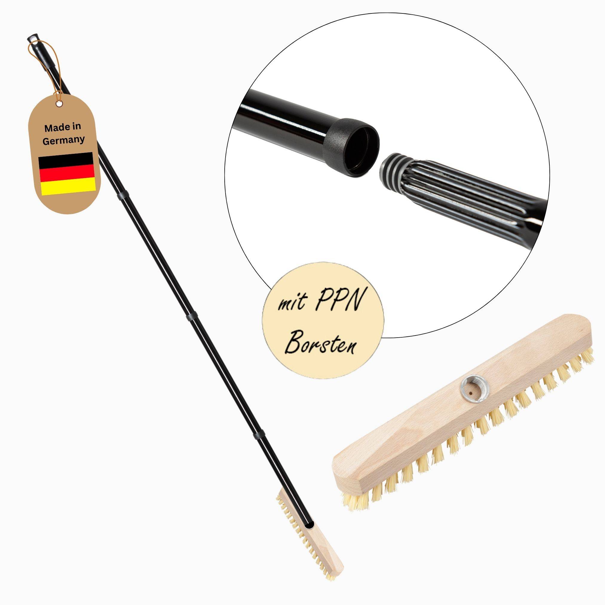 Schrubber aus Holz mit Borsten Wischer mit Gewinde und Schraub- Steckstiel vierteilig Scheuerbürste PPN Boden Bürste Ideal für Reinigung von Balkon