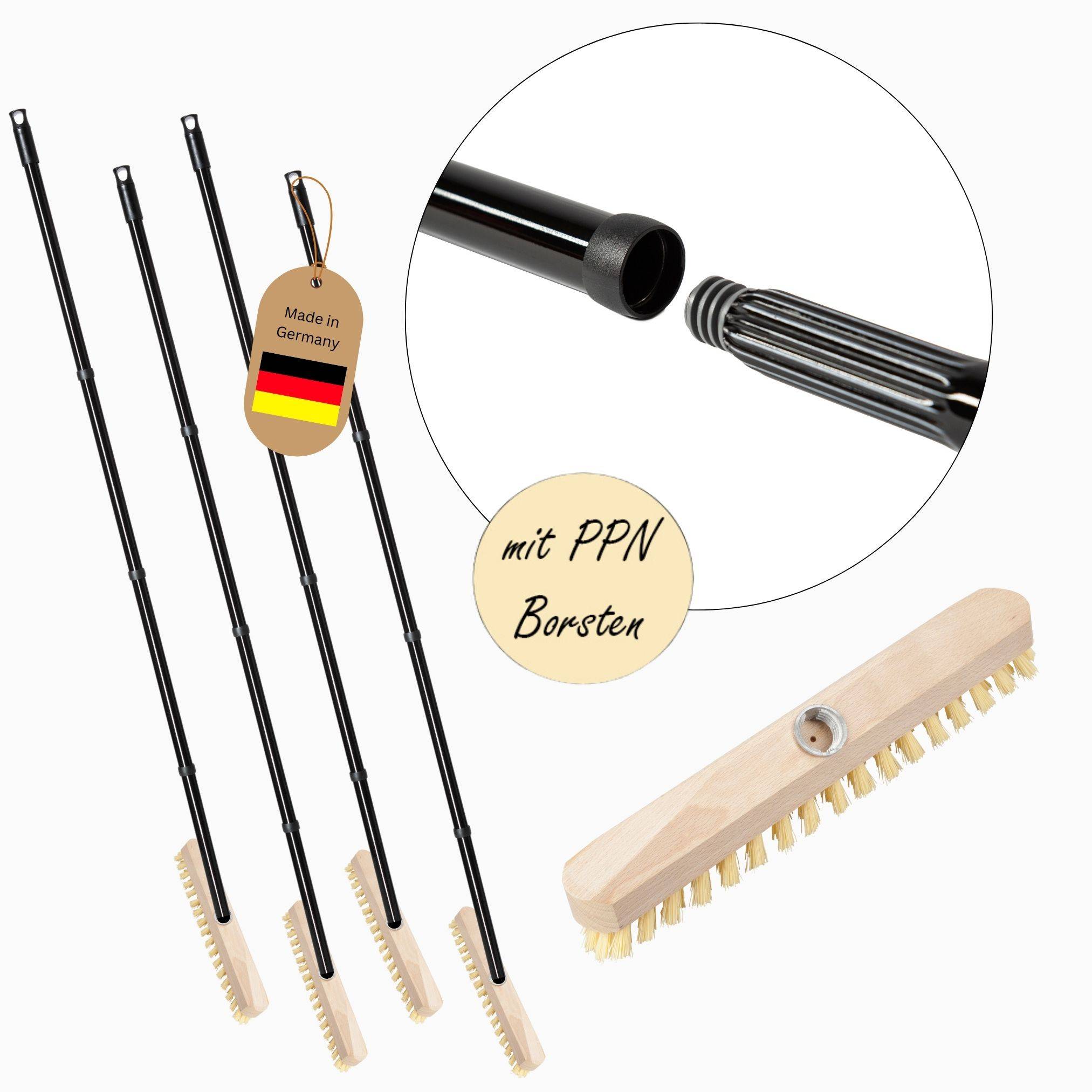 Novaliv 4x Scheuerbürste aus Holz Klein PPN Borsten mit praktischen Schraub- Steckstielen vierteilig Wischer mit Gewinde robuste Scheuerbürsten Bode