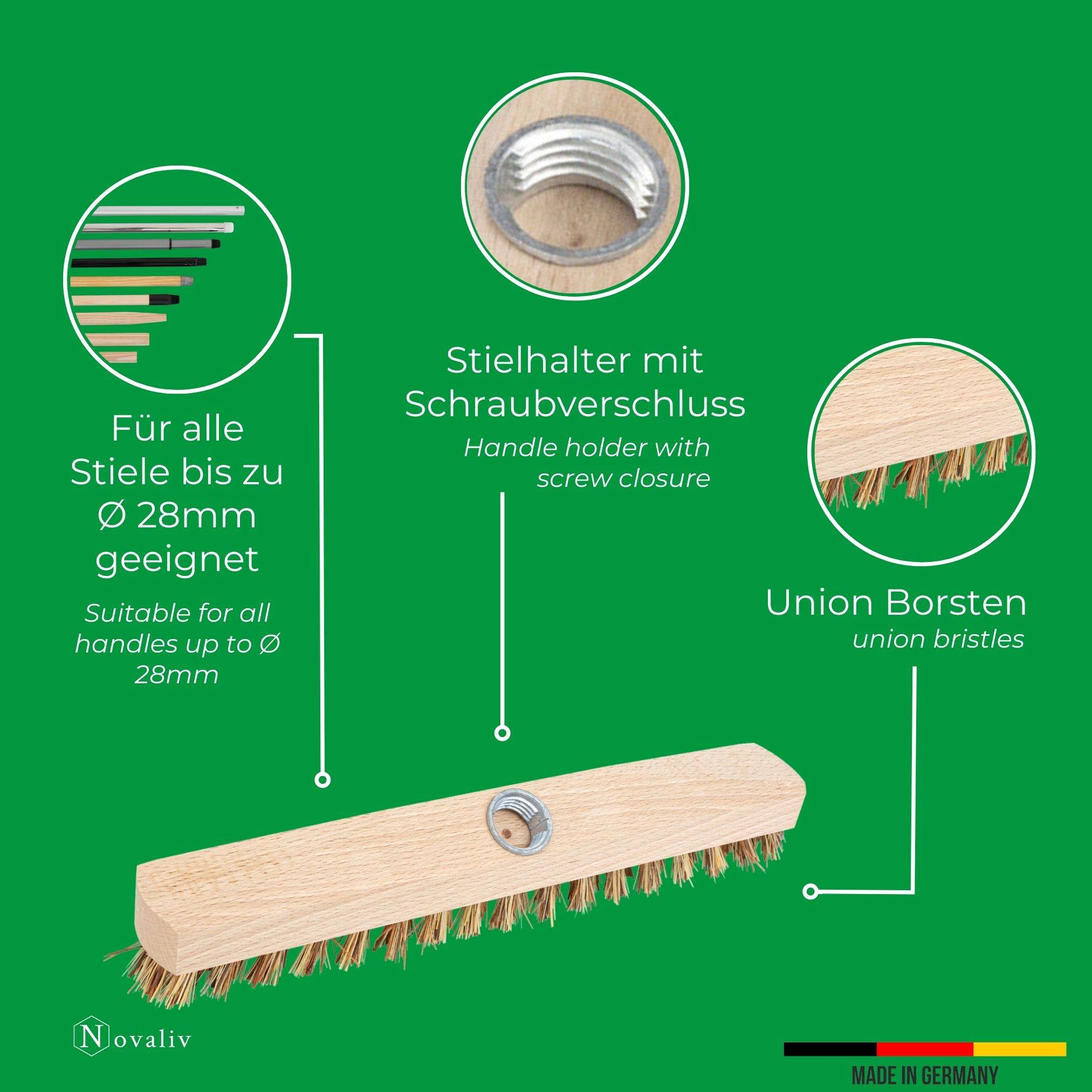 Schrubber aus Holz mit Borsten Wischer mit Gewinde und Schraub- Steckstiel vierteilig Scheuerbürste Union Boden Bürste Ideal für Reinigung Balkon