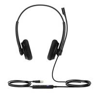 Schwarzes Headset mit Mikrofon, USB-Anschluss und Inlinesteuerung. Entwickelt für Anrufe und Multimediaeinsatz.