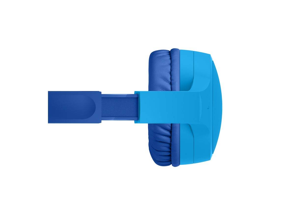 Seitenansicht eines blauen Over-Ear-Kopfhörers, der den Ohrmuschel und den verstellbaren Kopfbügel zeigt, isoliert auf weißem Hintergrund.