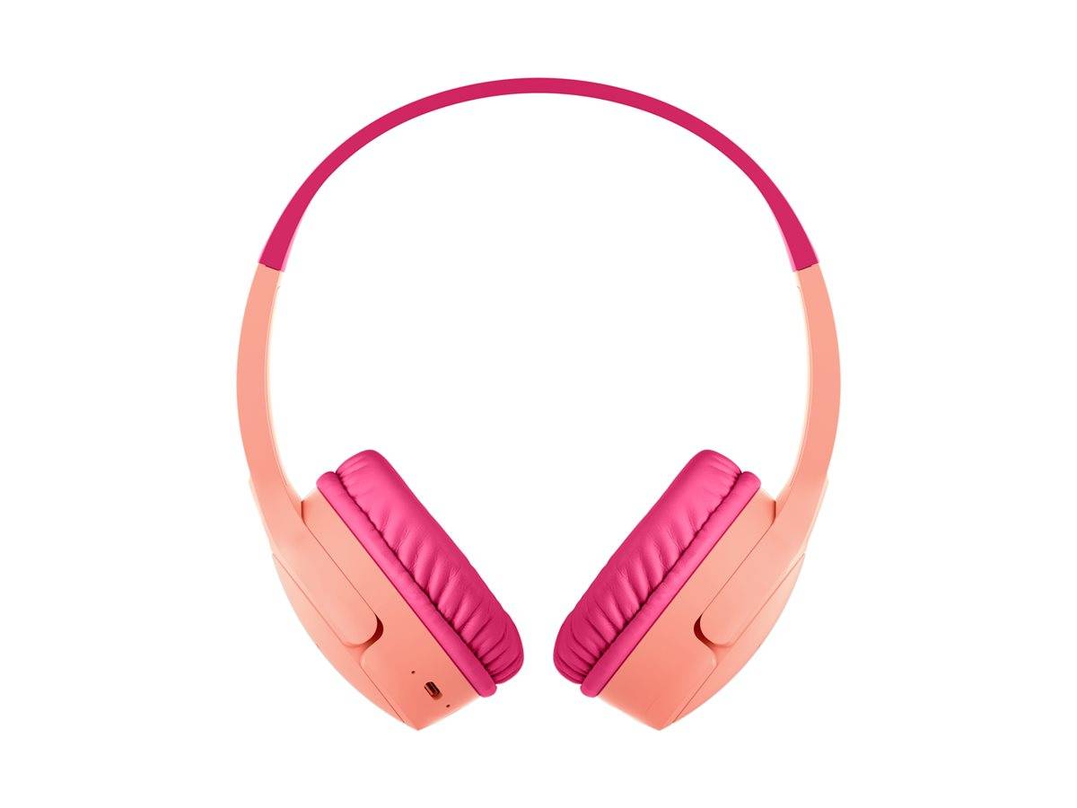 Rosa und pfirsichfarbene Over-Ear-Kopfhörer mit einem glatten Design, ausgestattet mit gepolsterten Ohrmuscheln und einem verstellbaren Kopfbügel.