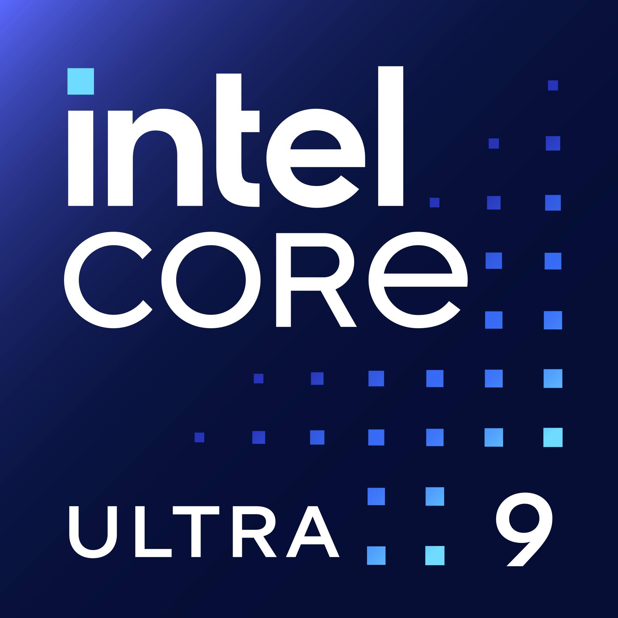 Logo von 'intel CORE ULTRA 9' mit einem Verlaufshintergrund in Blau und pixelartigen Designelementen auf der rechten Seite.