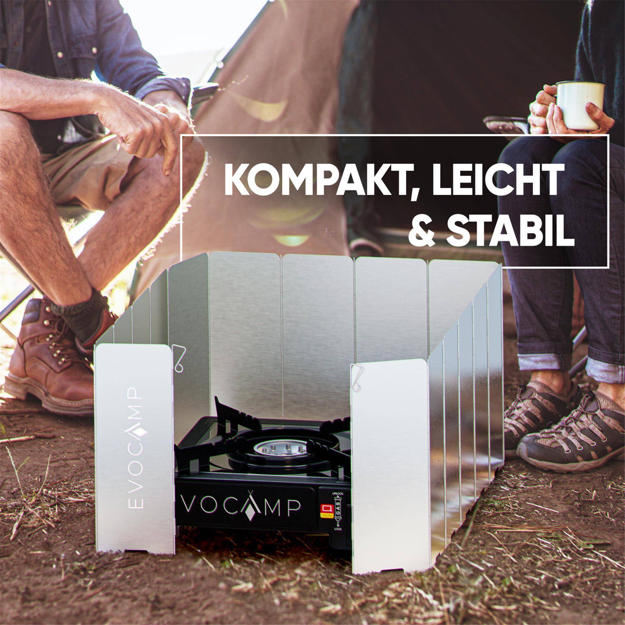 EVOCAMP Windschutz für Gaskocher, inklusive Tasche, 16 Lamellen, Spirituskocher Outdoor, Campingkocher, Grill, Camping Feuerstelle, Gaskocher
