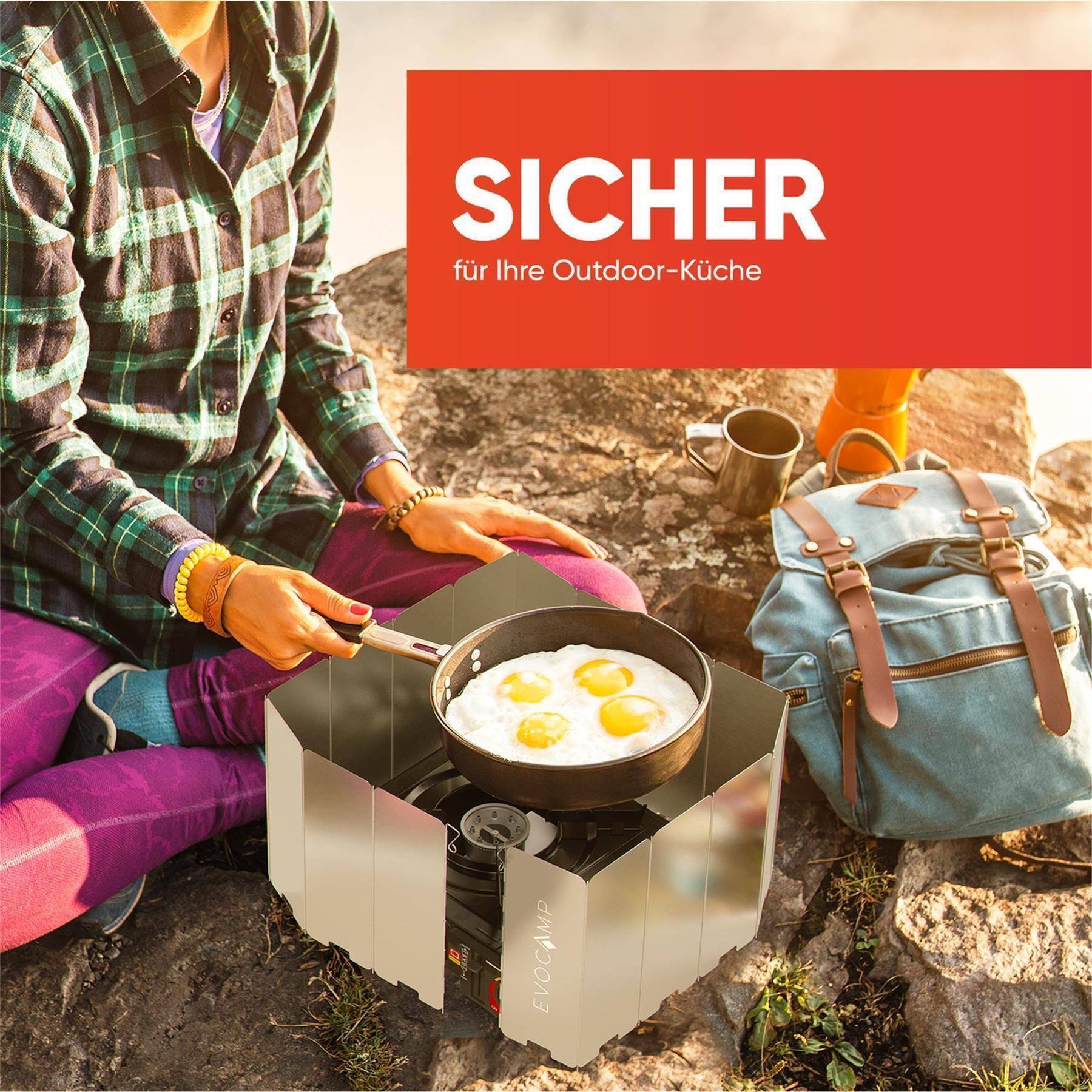 EVOCAMP Windschutz für Gaskocher, inklusive Tasche, 16 Lamellen, Spirituskocher Outdoor, Campingkocher, Grill, Camping Feuerstelle, Gaskocher