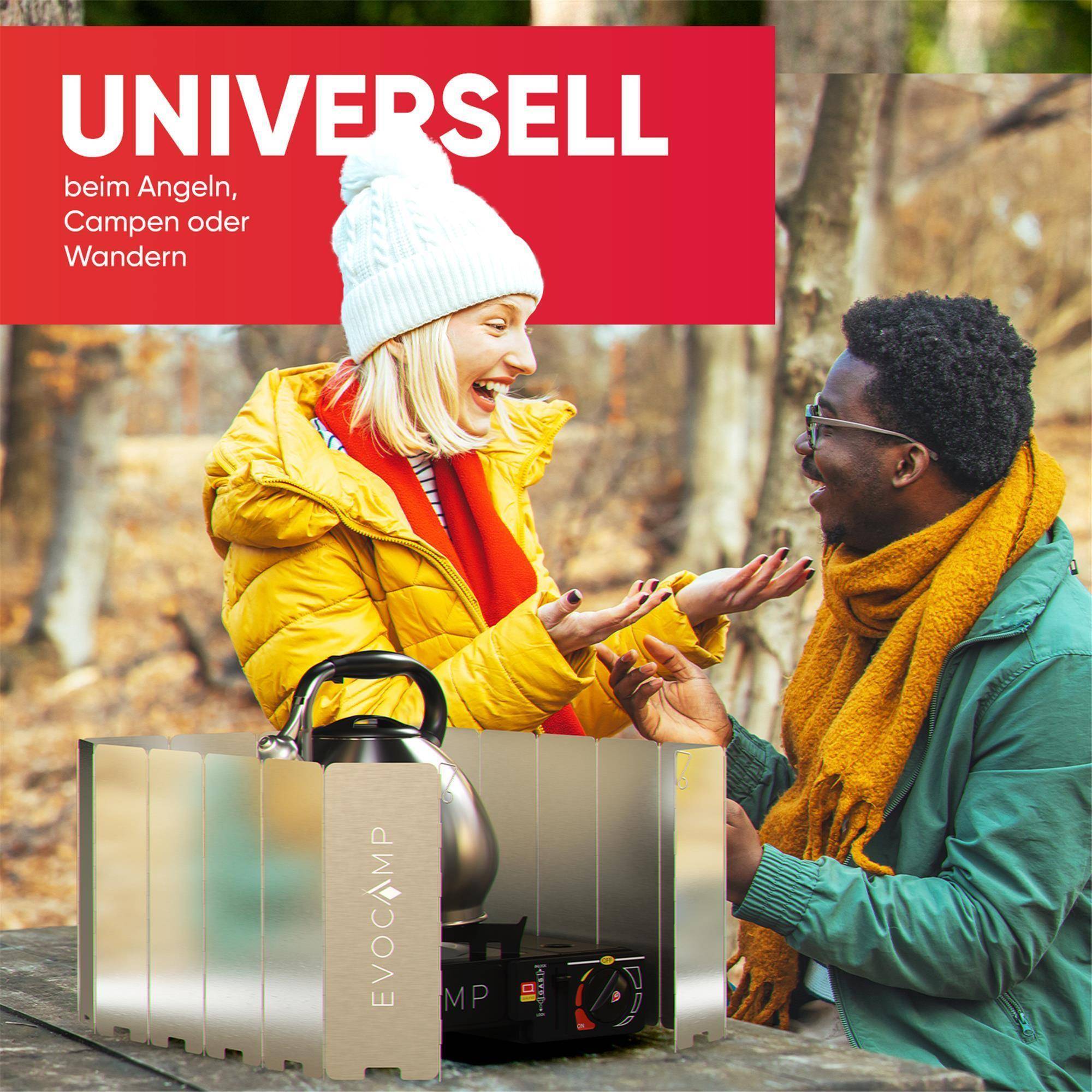 EVOCAMP Windschutz für Gaskocher, inklusive Tasche, 16 Lamellen, Spirituskocher Outdoor, Campingkocher, Grill, Camping Feuerstelle, Gaskocher