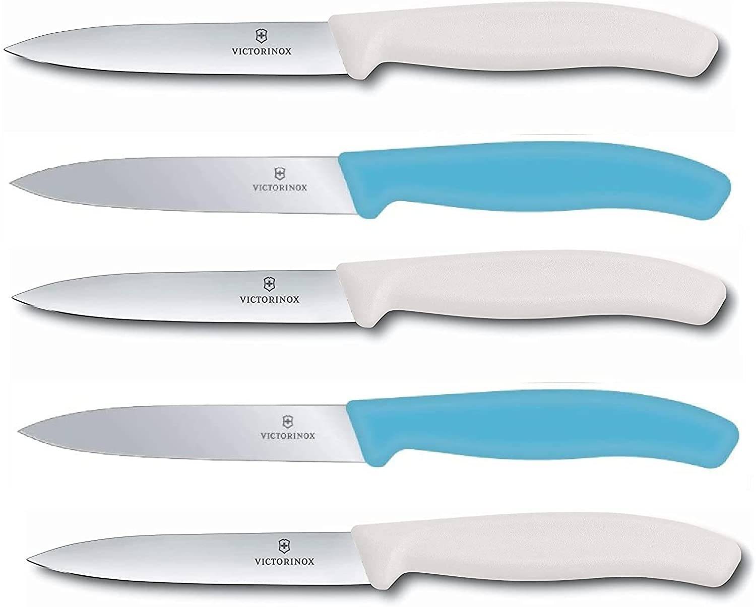 Victorinox | Gemüsemesser Set Swiss Classic | karibikblau und weiß | 10 cm Klingenlänge | Perfekt für Tomaten und Gemüse | 5-teiliges Set | Präz
