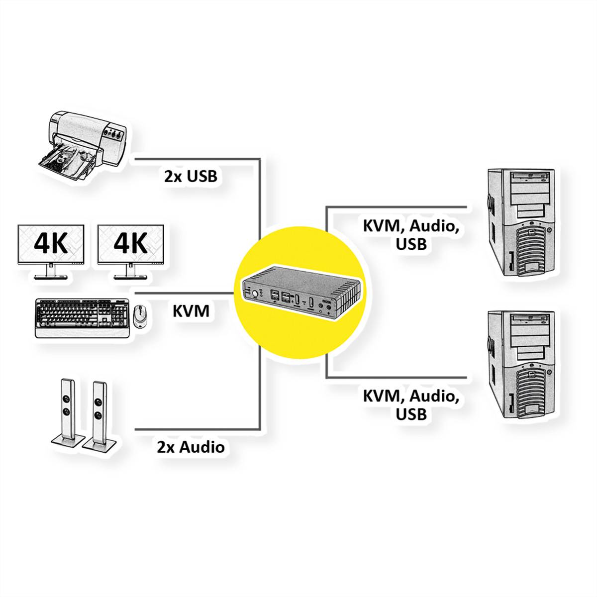 ROLINE KVM-Audio-Switch Dual Head HDMI 4K60, 1 User - 2 PC