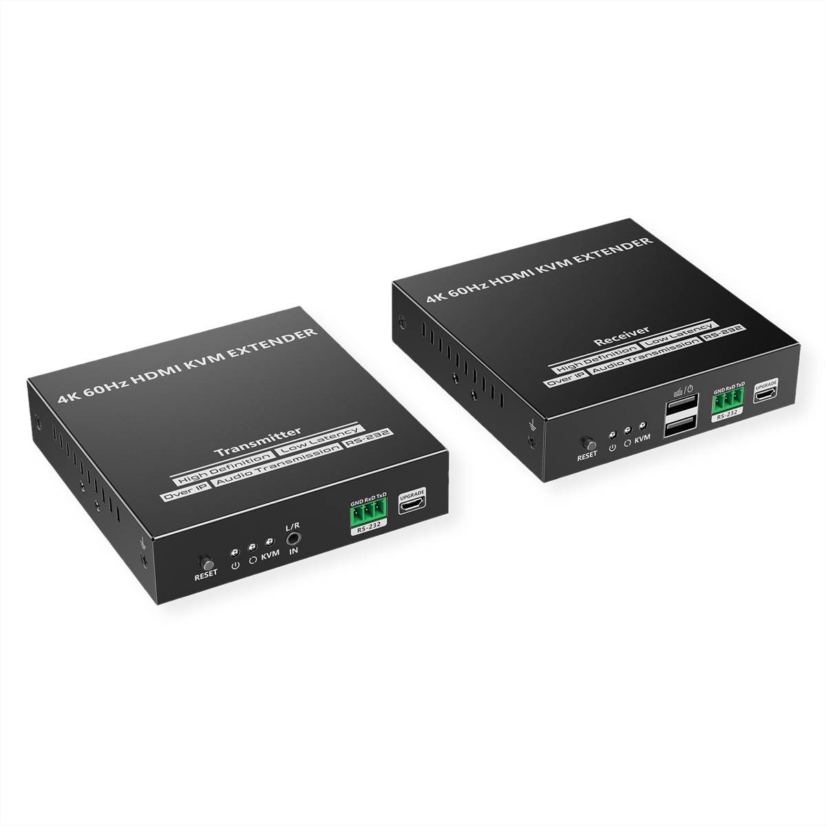 Zwei schwarze 4K 60Hz HDMI KVM Extender Boxen mit der Bezeichnung Sender und Empfänger, die Front Panel Anschlüsse und Statusleuchten zeigen.