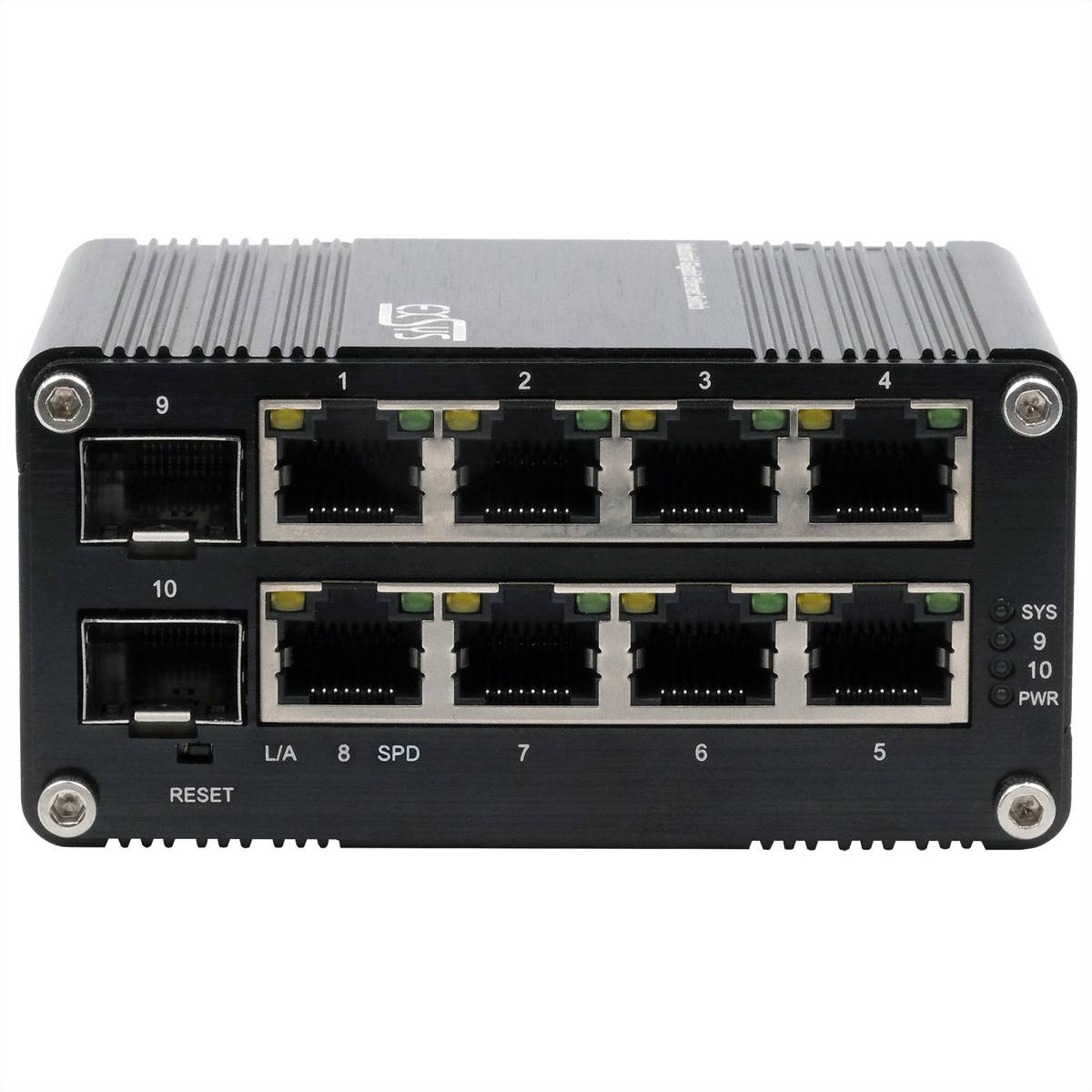 Vorderansicht eines kleinen Netzwerk-Switches mit 8 nummerierten Ethernet-Anschlüssen, 2 zusätzlichen gekennzeichneten Anschlüssen, Status-LEDs und einer Reset-Taste.