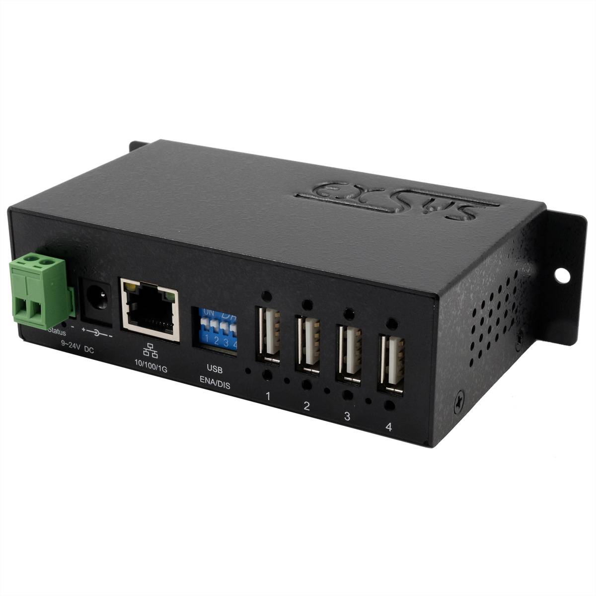 Ein schwarzer Netzwerk-Switch mit einem Ethernet-Port, fünf USB-Anschlüssen und einem grünen Stromstecker. Mit eingraviertem 