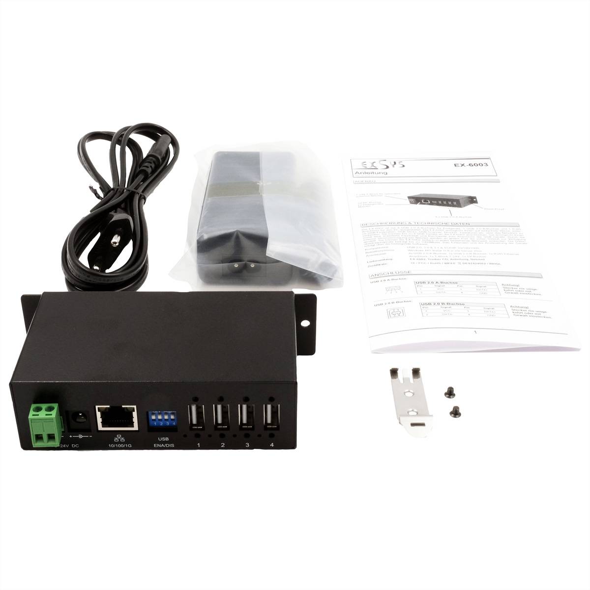 EXSYS EX-6003HMVS Device Server 4x USB 2.0, DIN-Rail-Kit, Metall-Gehäuse