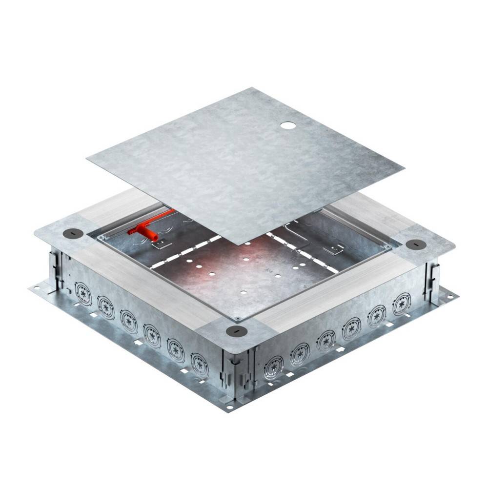 Metallboden-Unterputzdose mit offener Oberseite, die mehrere kreisförmige Anschlüsse für elektrische Verbindungen und einen großen abnehmbaren Deckel zeigt.