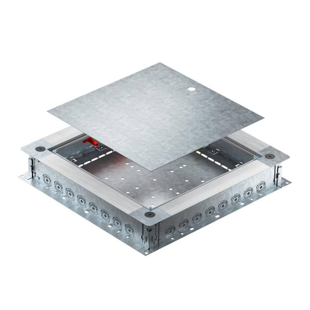 Metallische Unterflurdose mit offener Abdeckung, die mehrere Kabeleinführungspunkte und einen geräumigen Innenraum für Verkabelungen zeigt.