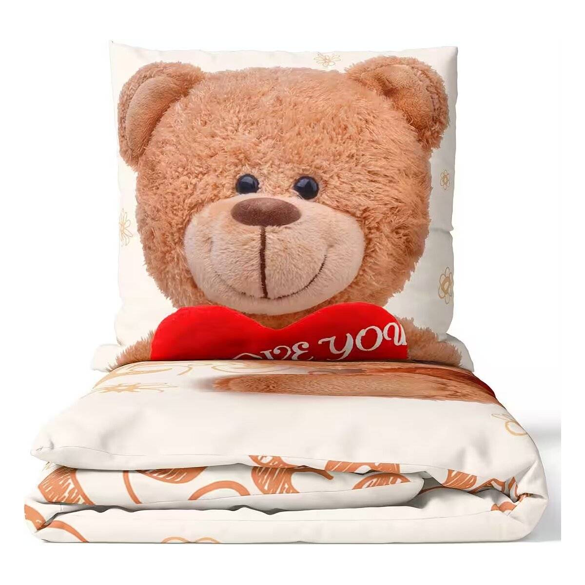 Fleece Bettwäsche Weiß-Beige mit Teddy-Herzmotiv aus 100% Polyester 135x200 cm