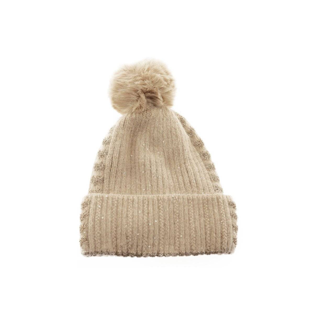 Strickmütze mit Perlen & Bommel für Damen OneSize – Stil und Wärme vereint Hellbraun