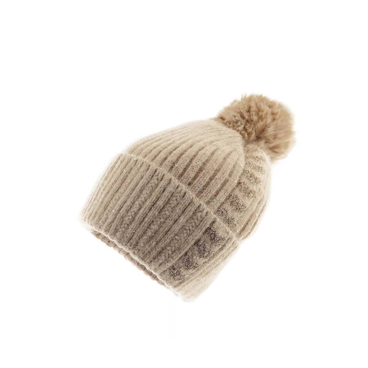 Strickmütze mit Perlen & Bommel für Damen OneSize – Stil und Wärme vereint Hellbraun