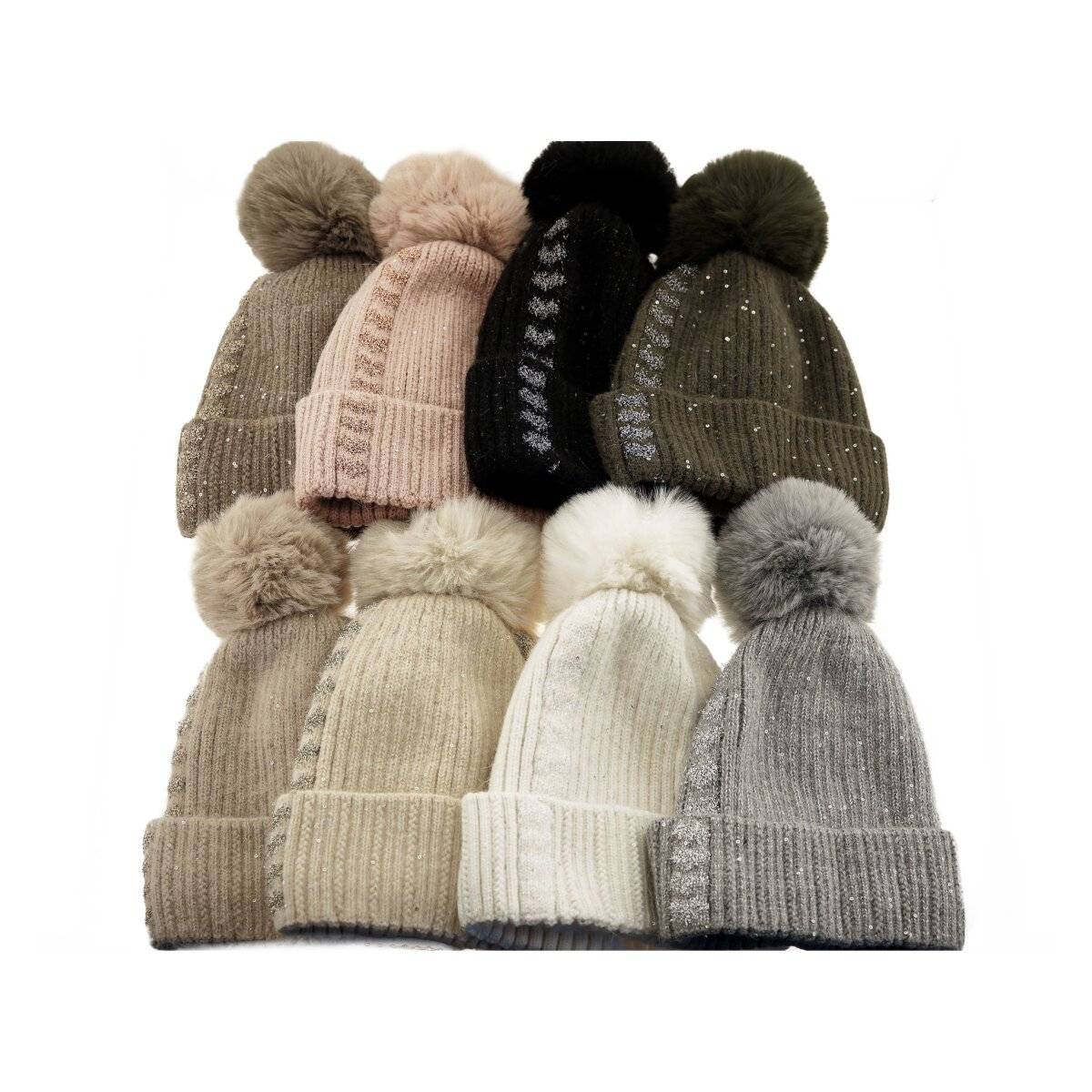 Strickmütze mit Perlen & Bommel für Damen OneSize – Stil und Wärme vereint Hellbraun