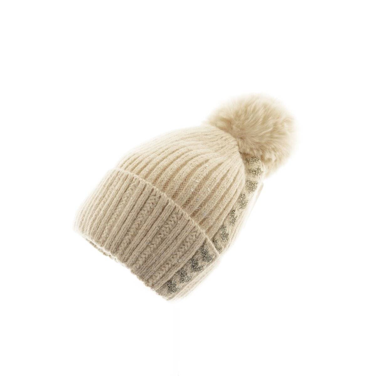 Strickmütze mit Perlen & Bommel für Damen OneSize – Stil und Wärme vereint Beige