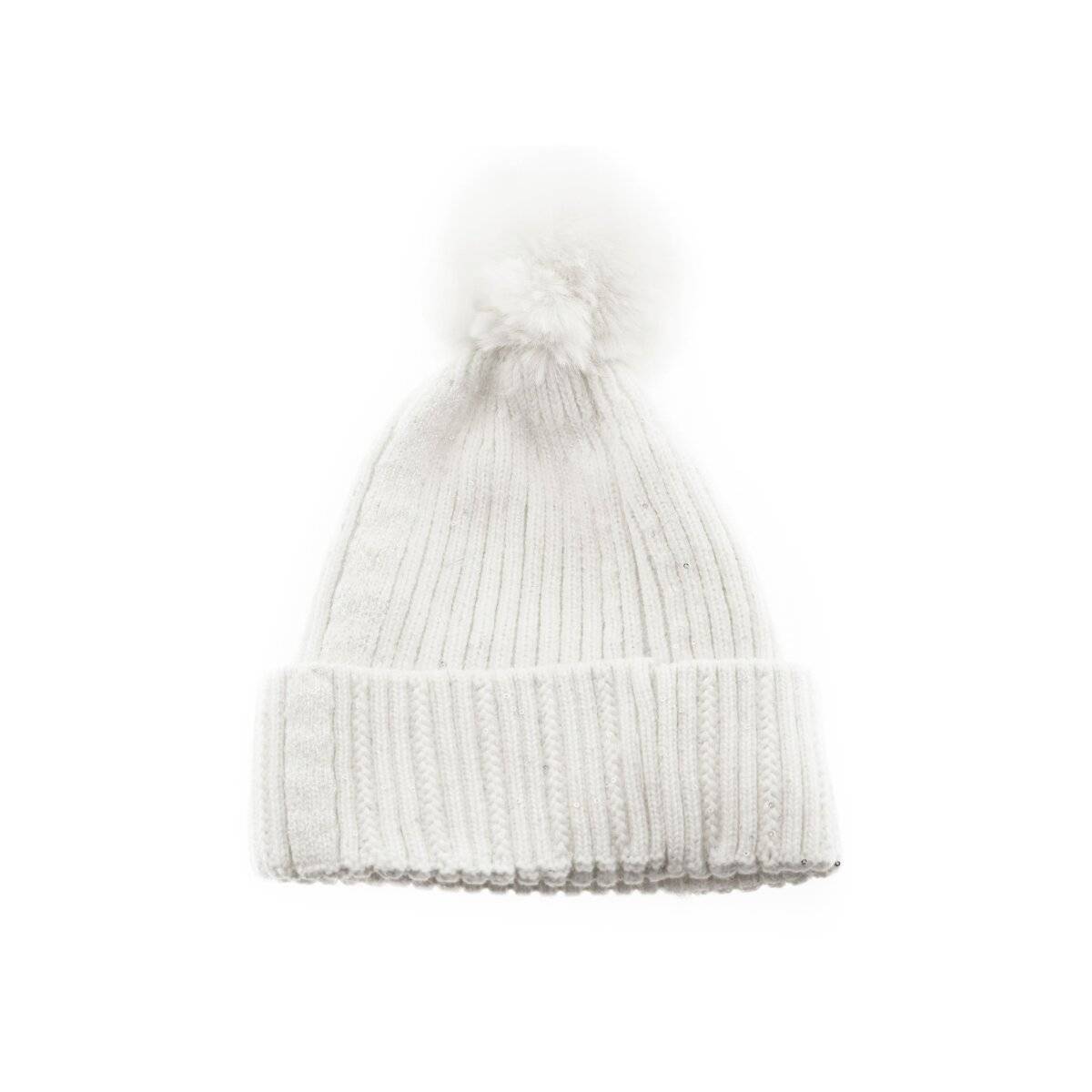 Strickmütze mit Perlen & Bommel für Damen OneSize – Stil und Wärme vereint Cremeweiß