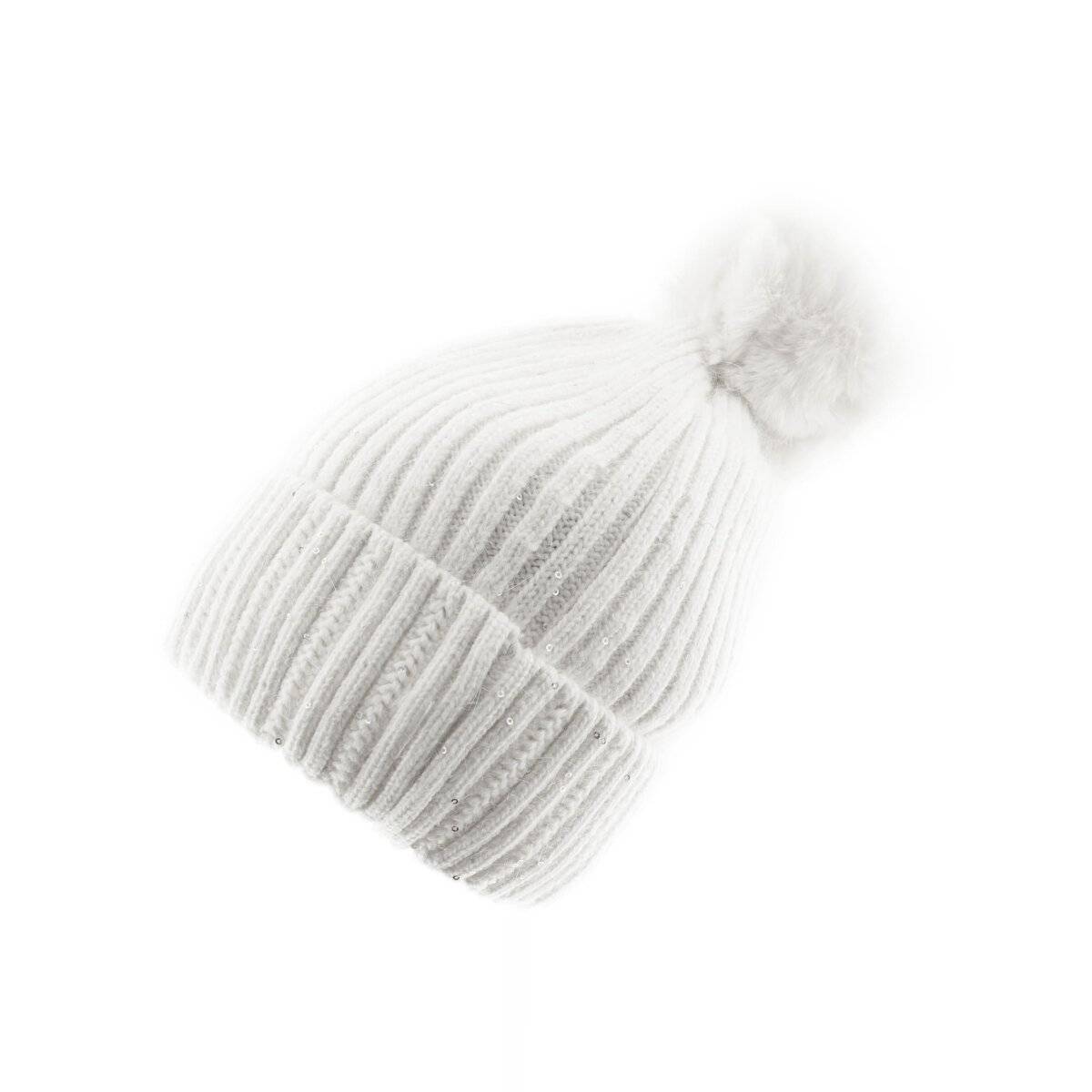 Strickmütze mit Perlen & Bommel für Damen OneSize – Stil und Wärme vereint Cremeweiß