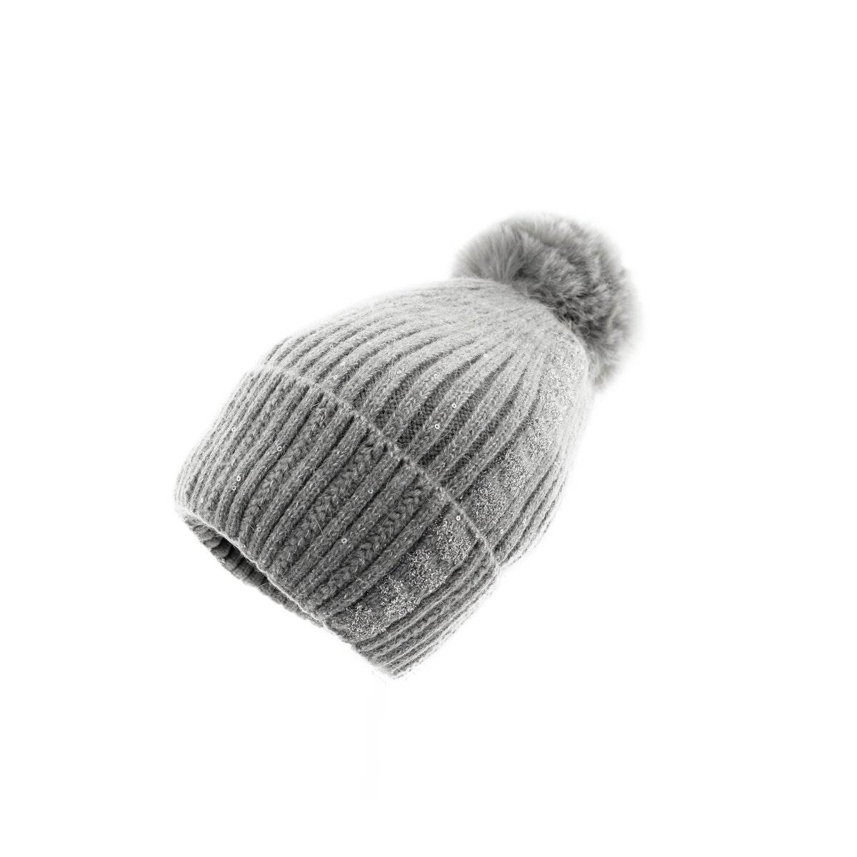 Strickmütze mit Perlen & Bommel für Damen OneSize – Stil und Wärme vereint Grau