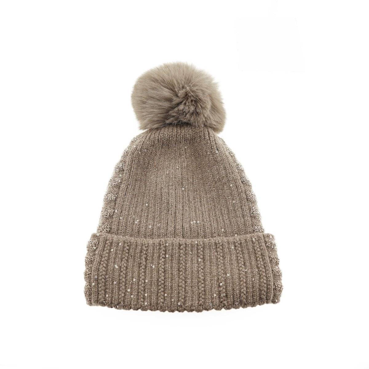 Strickmütze mit Perlen & Bommel für Damen OneSize – Stil und Wärme vereint Braun