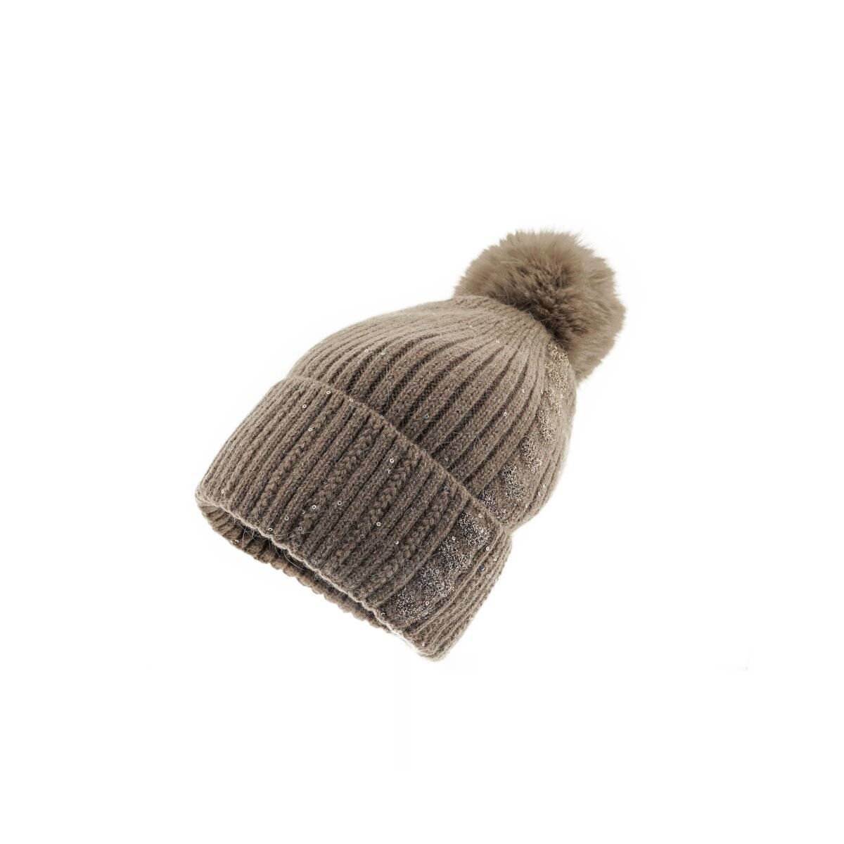 Strickmütze mit Perlen & Bommel für Damen OneSize – Stil und Wärme vereint Braun