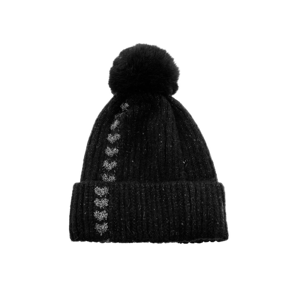 Strickmütze mit Perlen & Bommel für Damen OneSize – Stil und Wärme vereint Schwarz