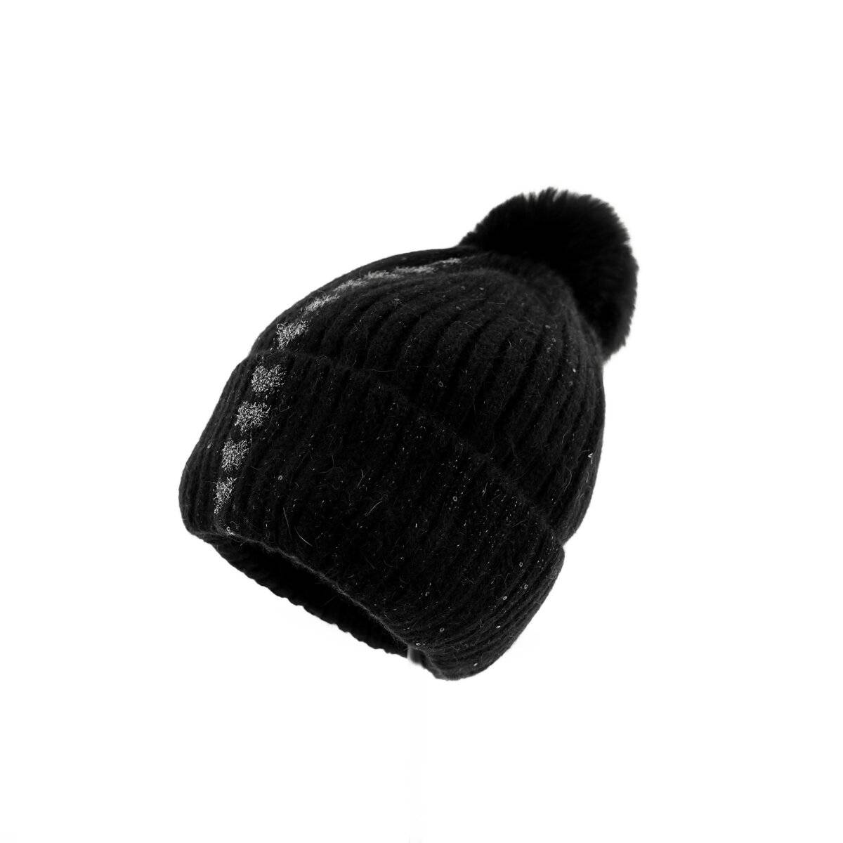 Strickmütze mit Perlen & Bommel für Damen OneSize – Stil und Wärme vereint Schwarz