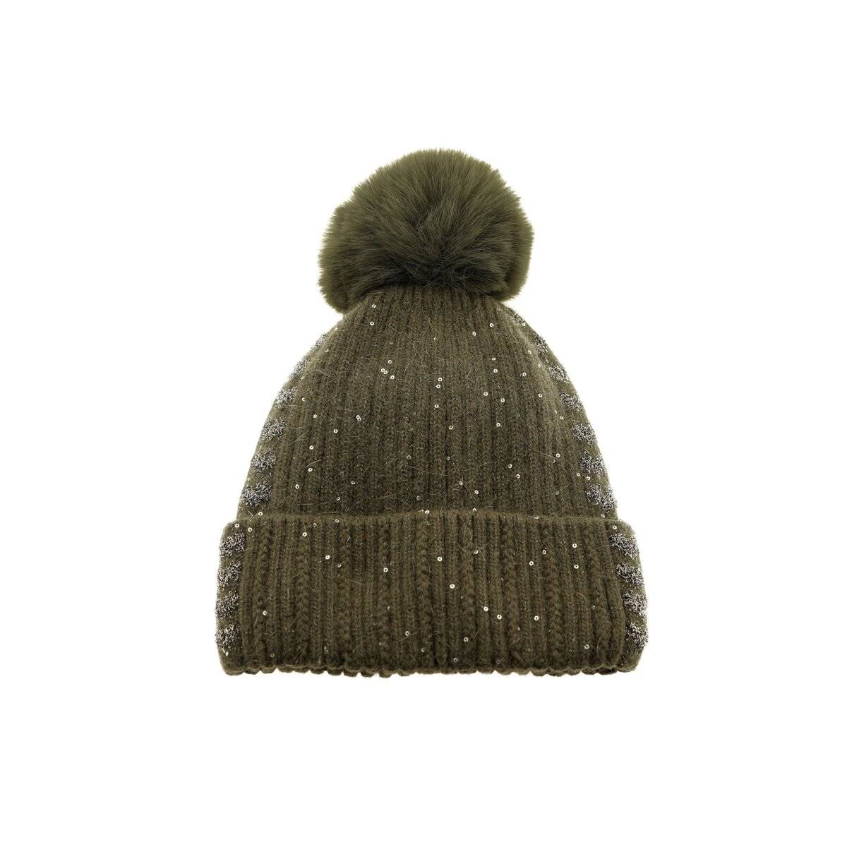 Strickmütze mit Perlen & Bommel für Damen OneSize – Stil und Wärme vereint Dunkelgrün