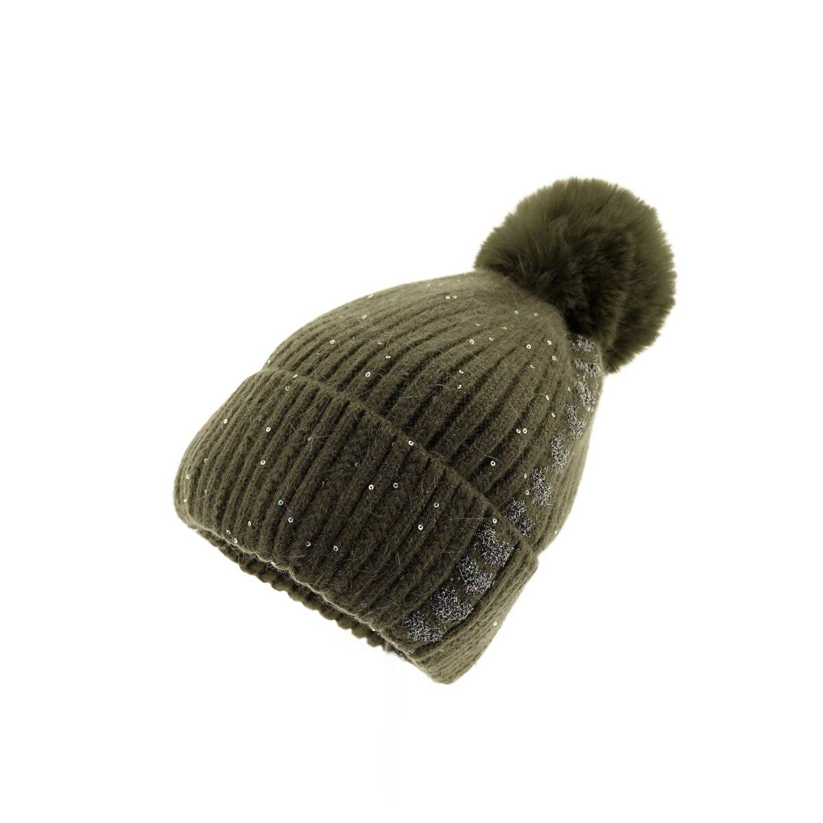 Strickmütze mit Perlen & Bommel für Damen OneSize – Stil und Wärme vereint Dunkelgrün