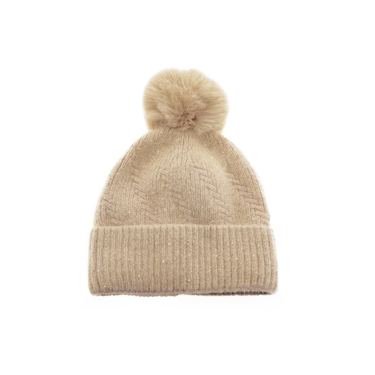 Damen-Bommelmütze mit Fischgrätenmuster OneSize für kühle Tage mit Innenfutter Hellbraun