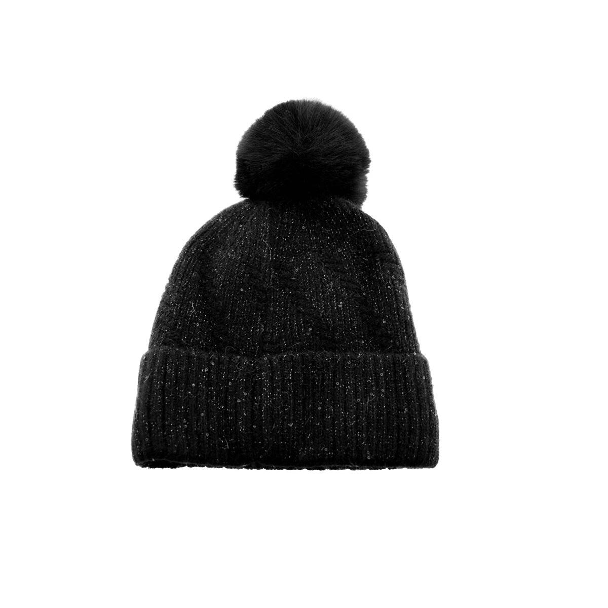 Damen-Bommelmütze mit Fischgrätenmuster OneSize für kühle Tage mit Innenfutter Schwarz