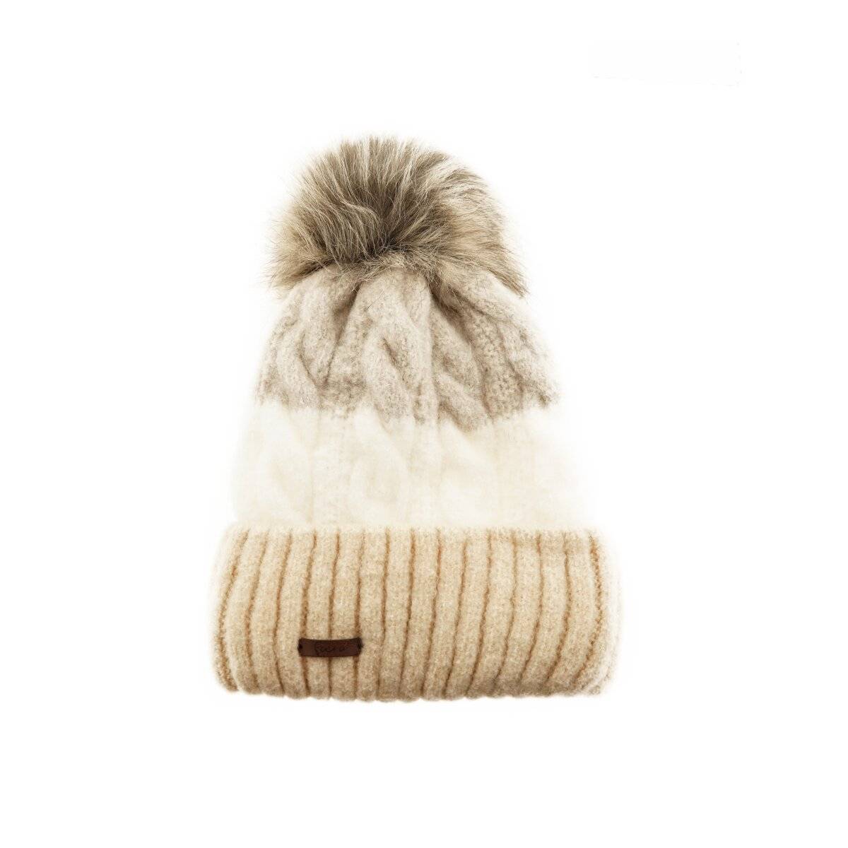Wintermütze mit Flechtmuster & Bommel - stilvolle Mütze für Damen mit Futter Beige