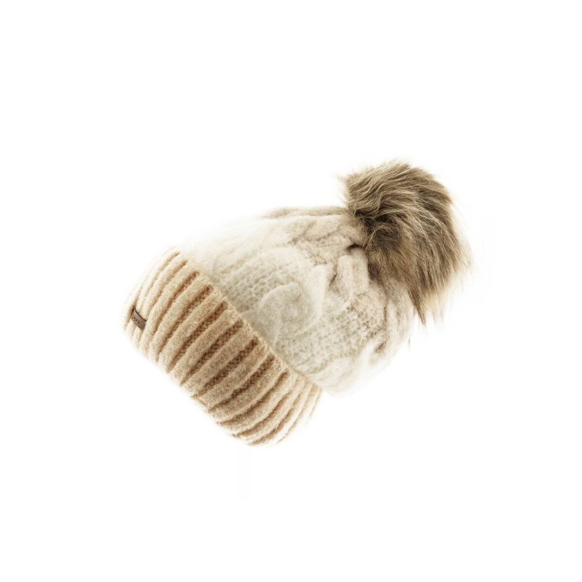 Wintermütze mit Flechtmuster & Bommel - stilvolle Mütze für Damen mit Futter Beige