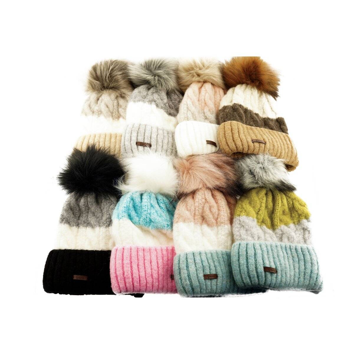 Wintermütze mit Flechtmuster & Bommel - stilvolle Mütze für Damen mit Futter Beige