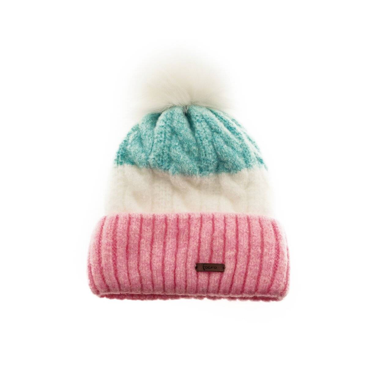Wintermütze mit Flechtmuster & Bommel - stilvolle Mütze für Damen mit Futter Pink/Blau