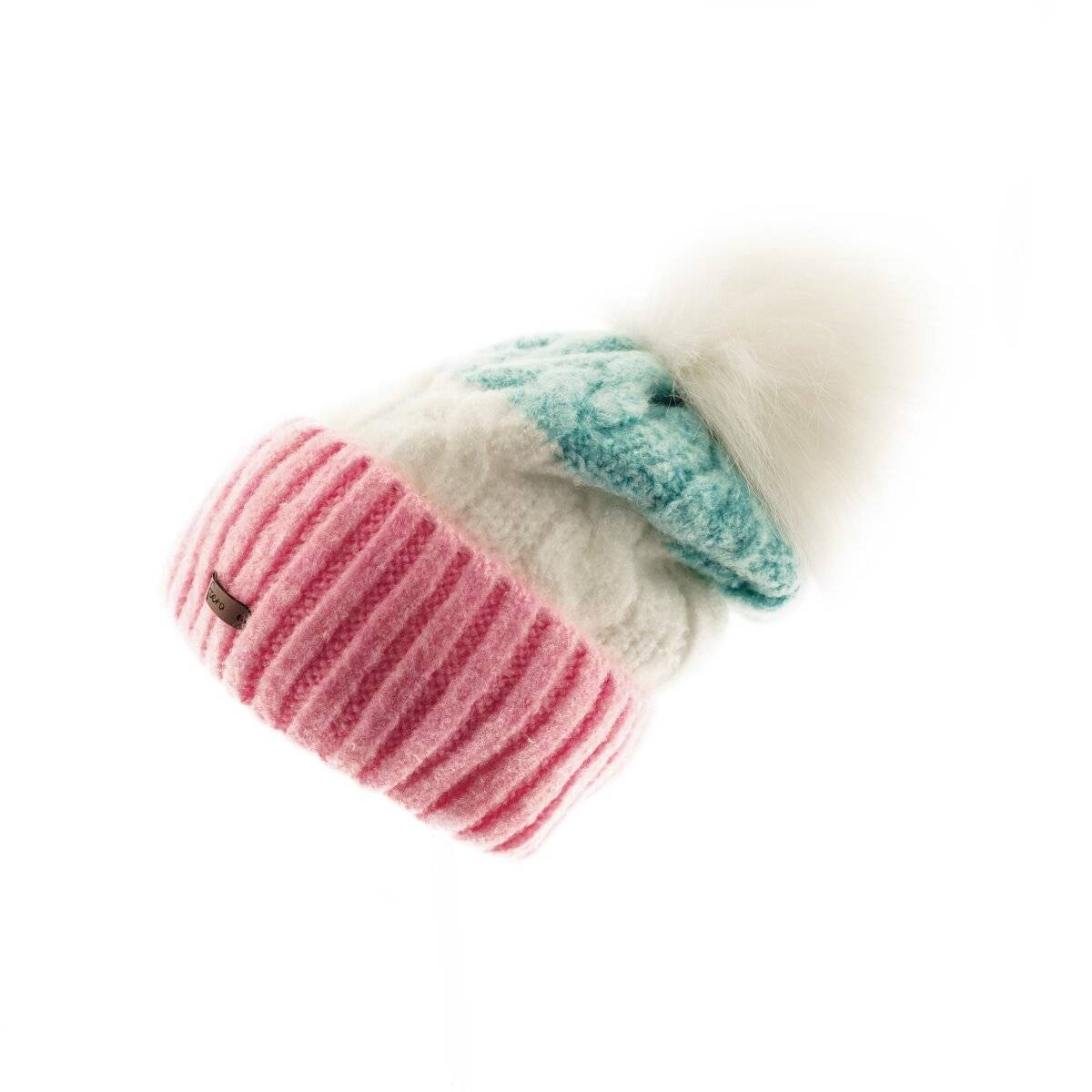 Wintermütze mit Flechtmuster & Bommel - stilvolle Mütze für Damen mit Futter Pink/Blau