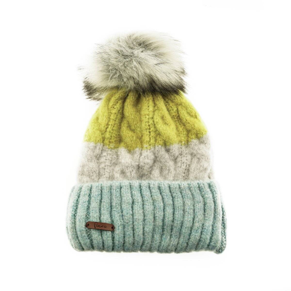 Wintermütze mit Flechtmuster & Bommel - stilvolle Mütze für Damen mit Futter Blau/Grün