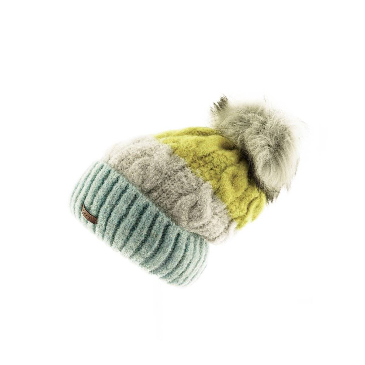 Wintermütze mit Flechtmuster & Bommel - stilvolle Mütze für Damen mit Futter Blau/Grün