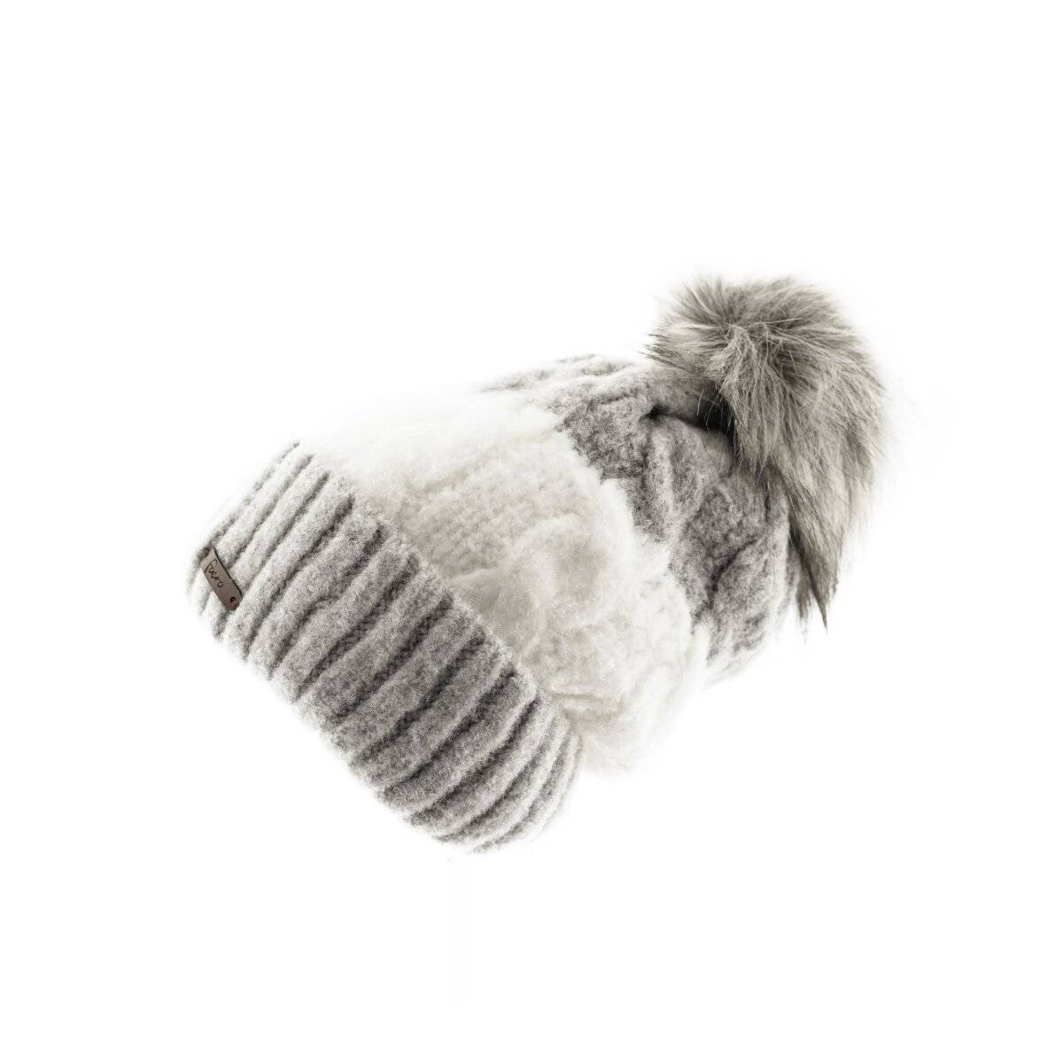 Wintermütze mit Flechtmuster & Bommel - stilvolle Mütze für Damen mit Futter Grau