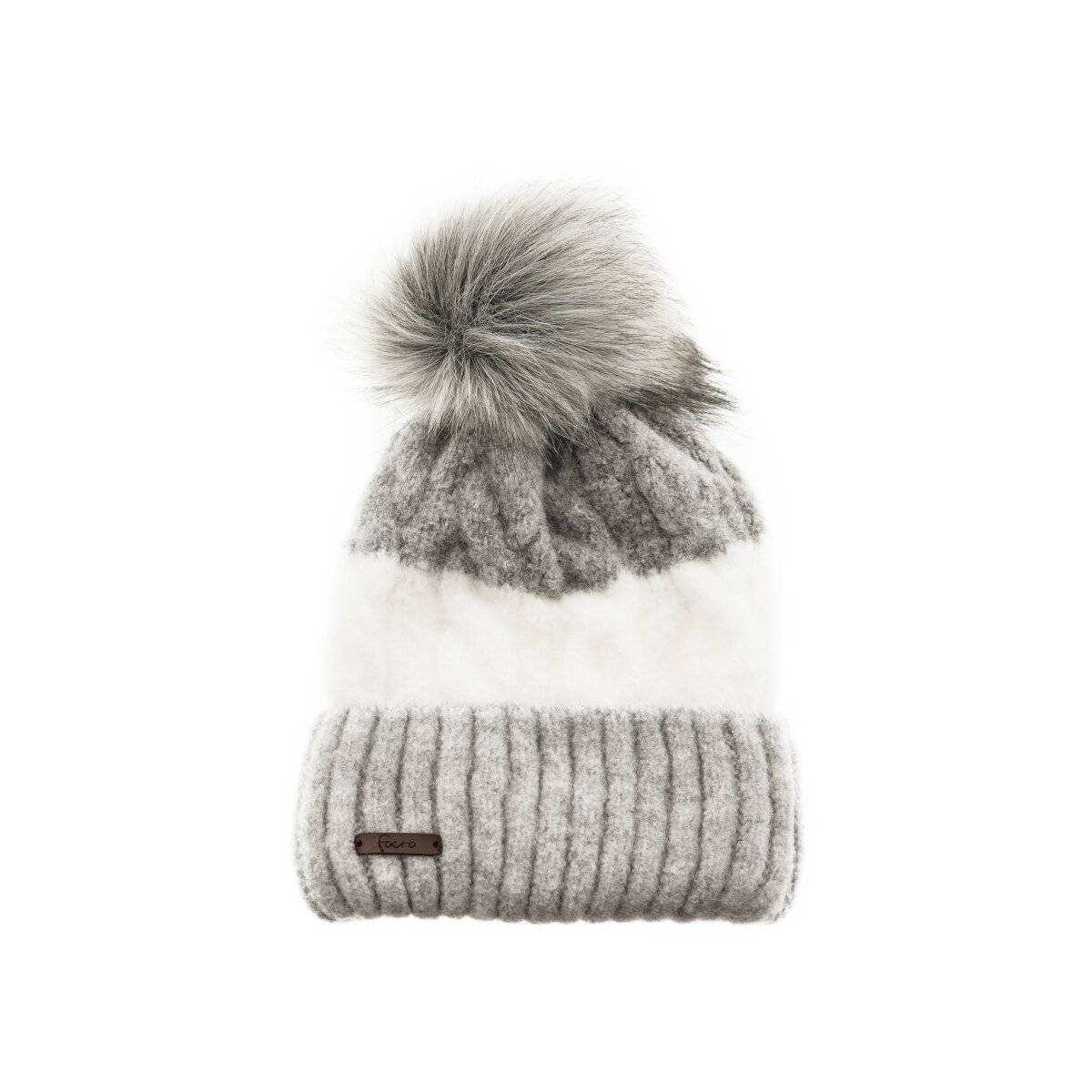 Wintermütze mit Flechtmuster & Bommel - stilvolle Mütze für Damen mit Futter Grau